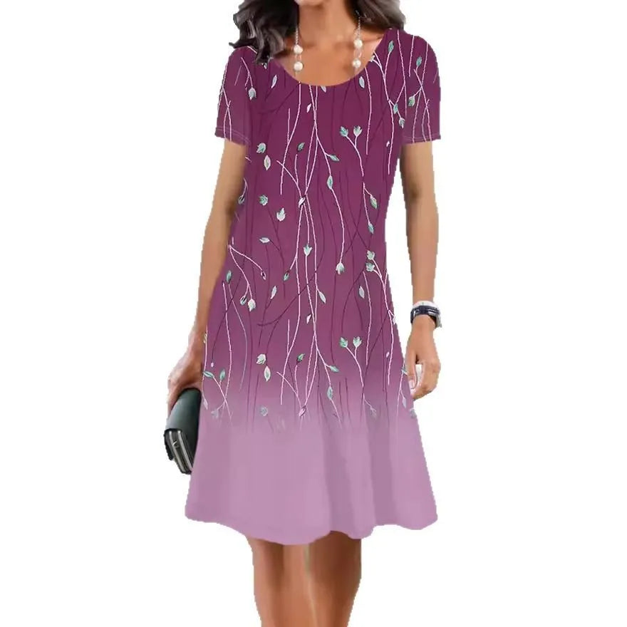 Light blue floral print mid-length A-line dress with short sleeves and a round neck.