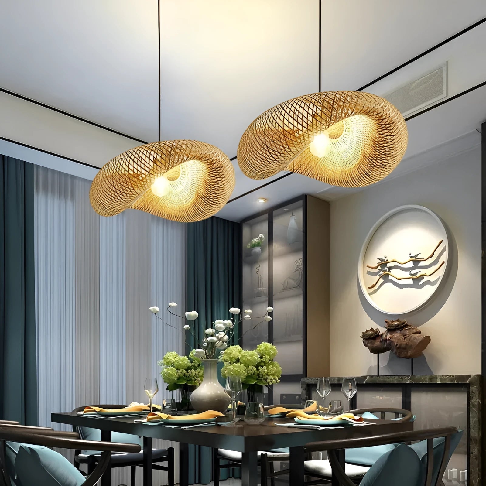 Natural bamboo straw hat-shaped pendant lamp shade hanging from a ceiling, showing its woven texture.