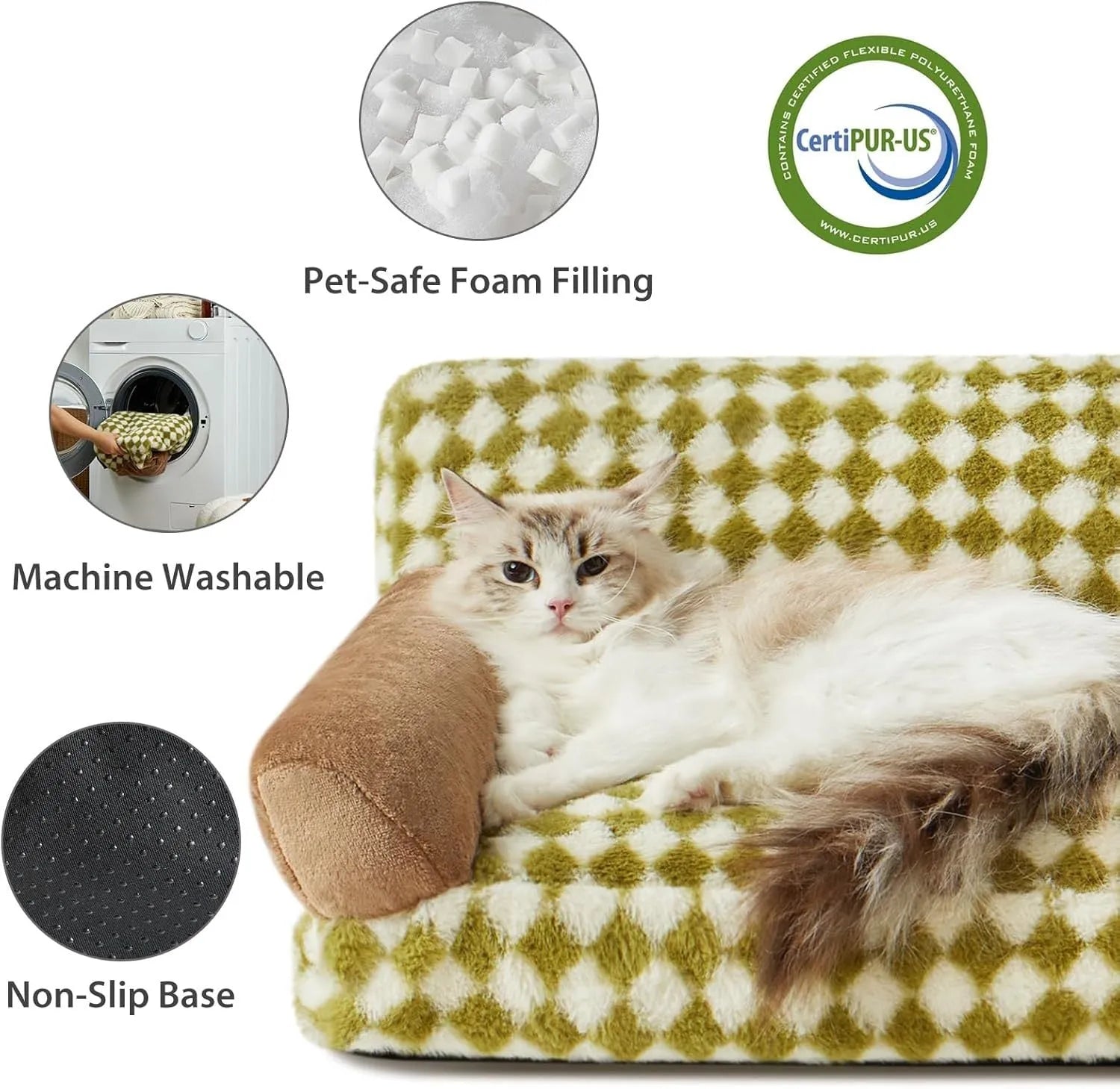 Checkered pet couch bed for cats and small dogs with a non-slip bottom, shown in three available sizes.
