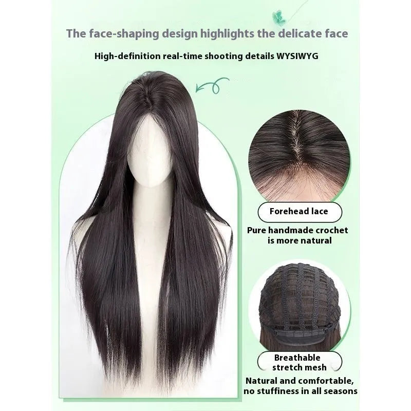 Female full-head forehead lace wig in brown black colour with fluffy texture