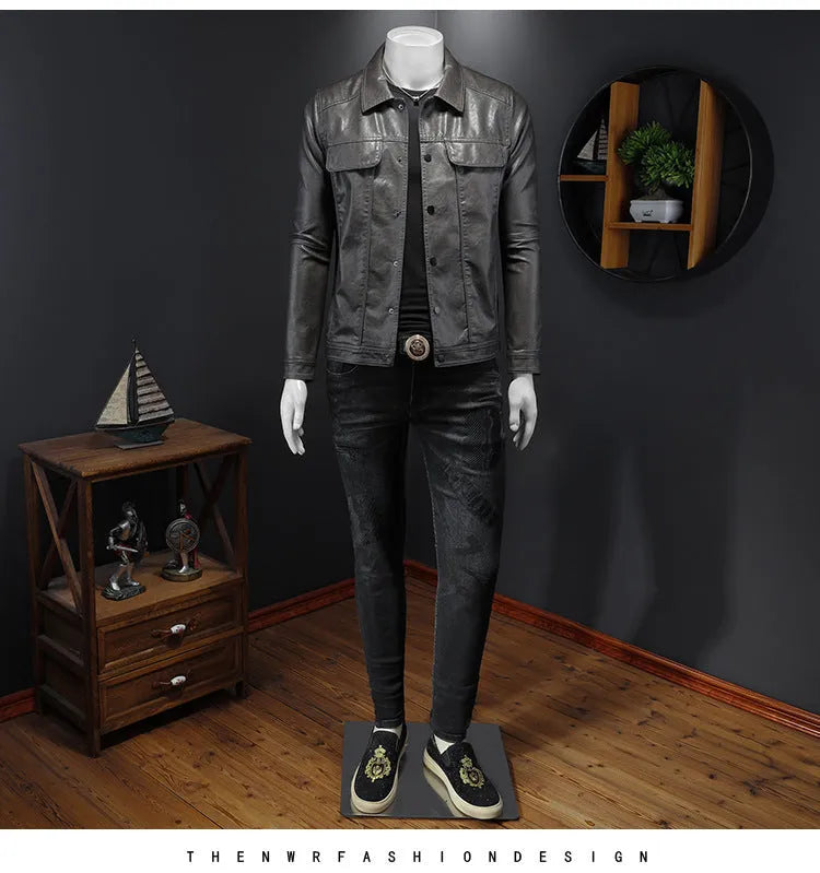 Men's long-sleeved lapel motorcycle PU leather coat in black, regular fit with bag cover slit pockets