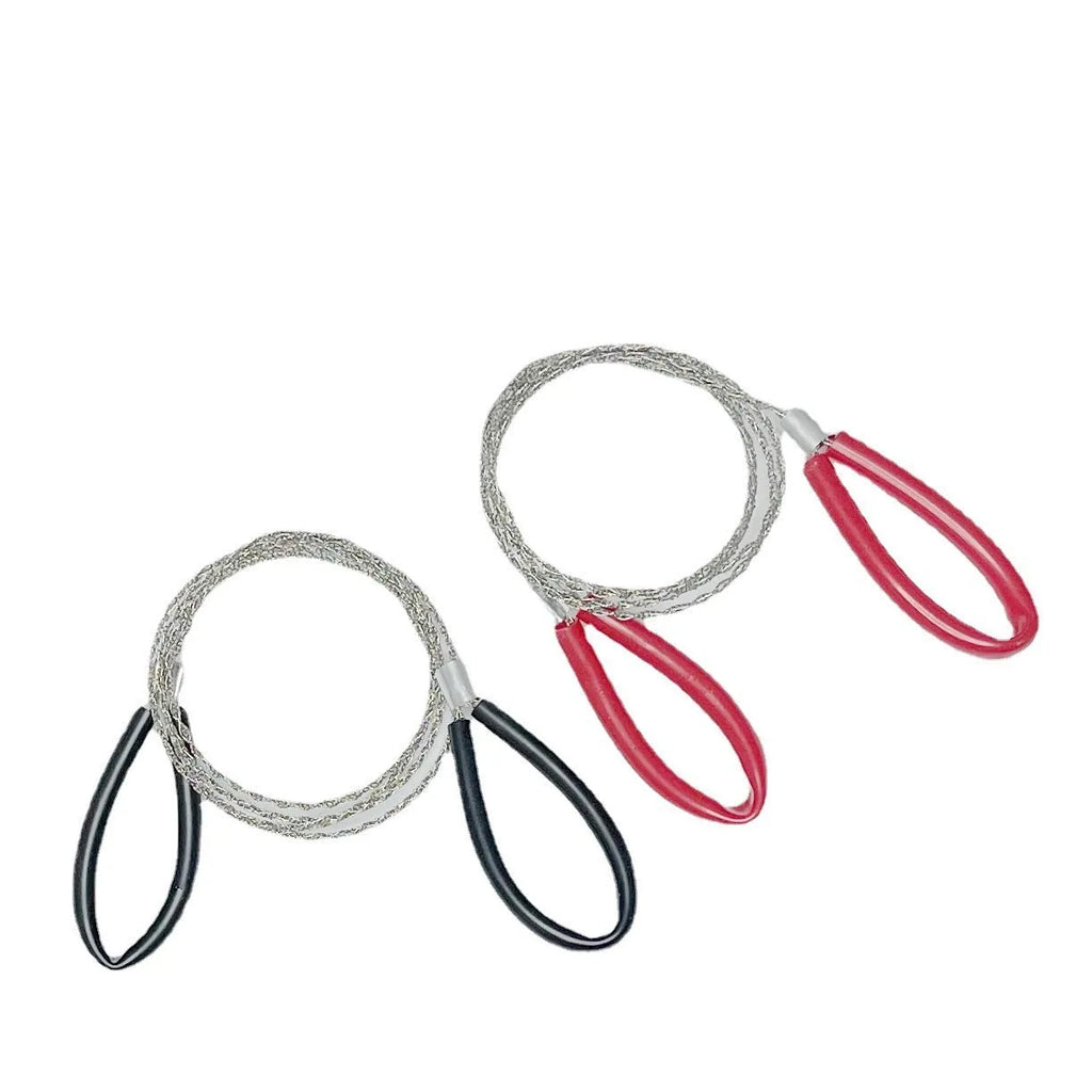 A black or red leather case containing a coiled stainless steel survival wire saw, approximately 70 cm long.