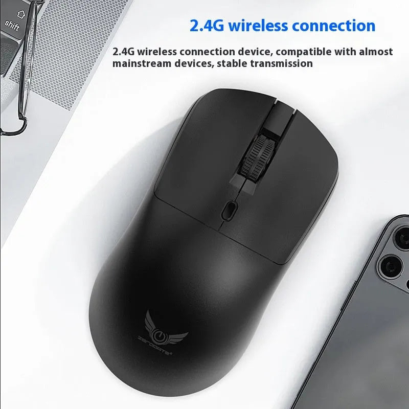 Black wireless mouse with three DPI settings and audio control button for laptop use