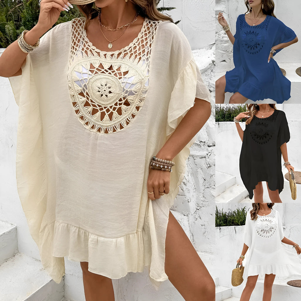 Apricot crochet stitch tassel dress on a hanger, showing patchwork skirt detail.