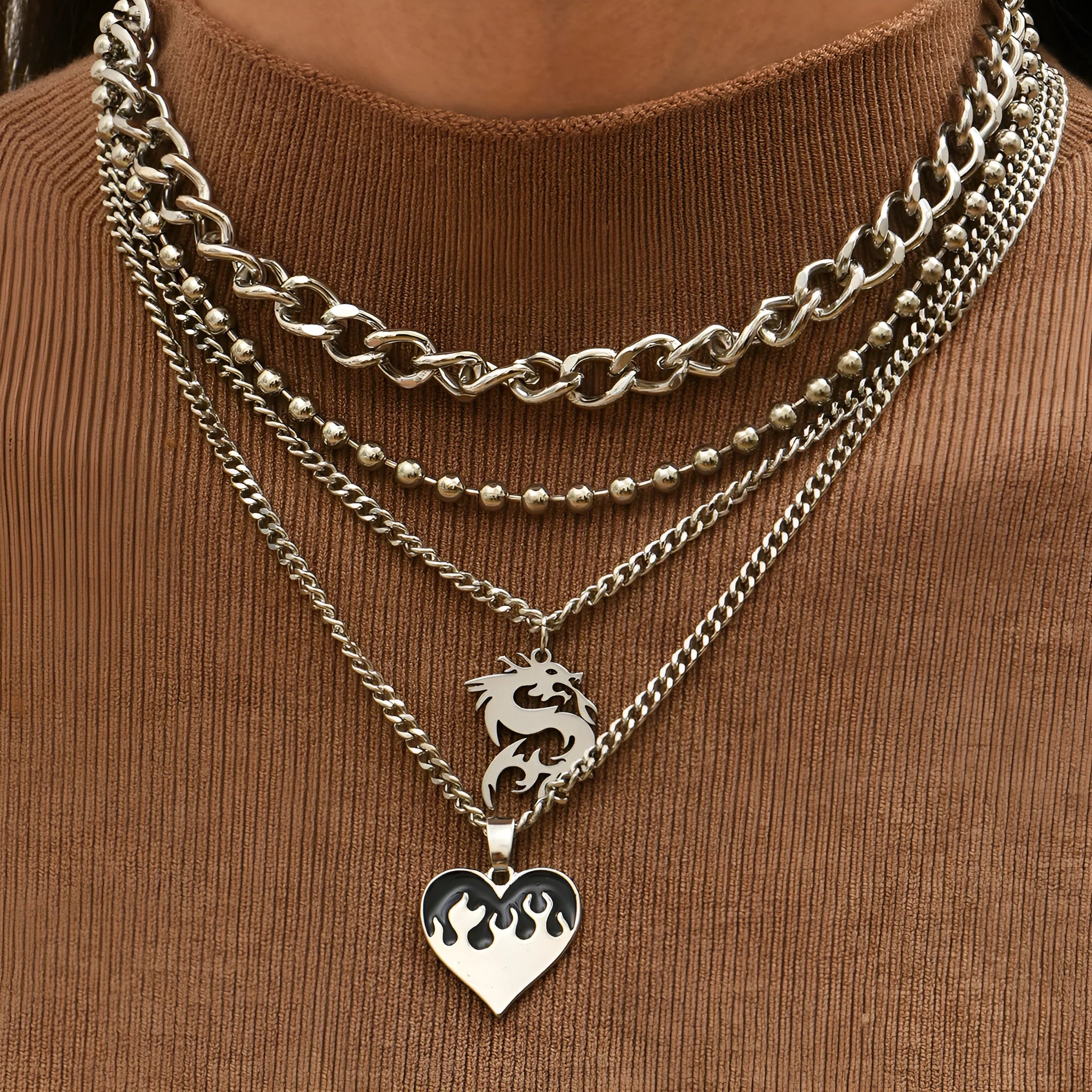 Silver alloy love dragon pendant necklace on adjustable clavicle chain geometric shape