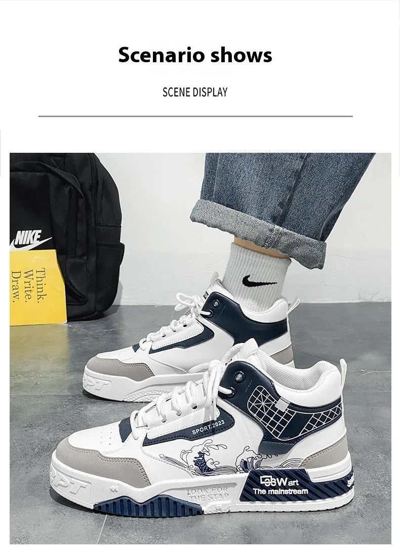 Men's beige high-top board sneakers with lace-up front and rubber sole.