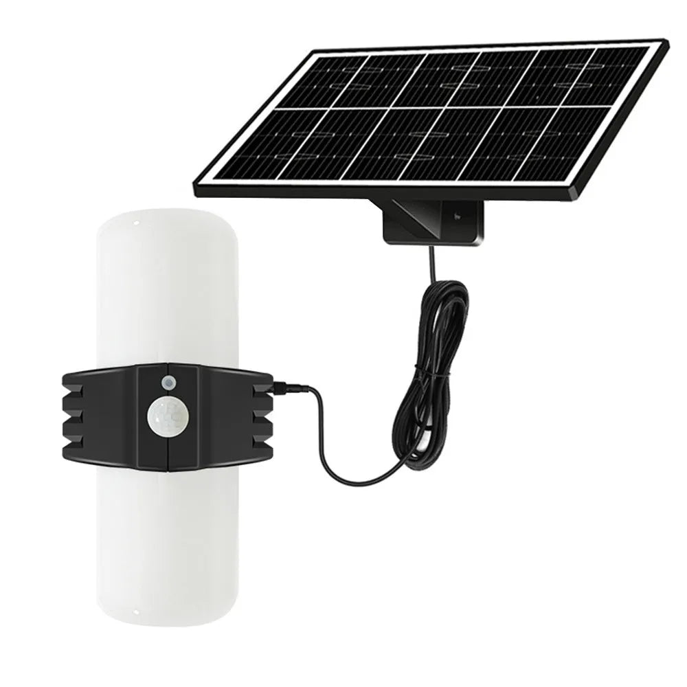 Black outdoor solar floodlight with motion sensor and abstract design on wall mounting bracket