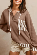 Straw yellow waffle texture striped patchwork hoodie with button neck and drawstring.