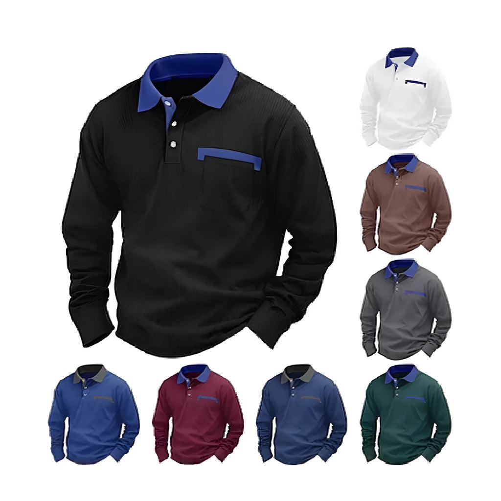 Man wearing a loose-fit dark grey waffle-texture long-sleeved polo shirt with an asymmetric style detail.