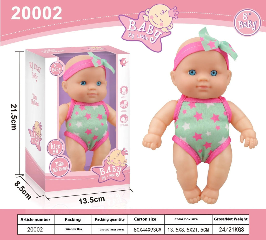 A 21.5cm tall simulation baby vinyl figurine doll on display, showing detailed sculpting.