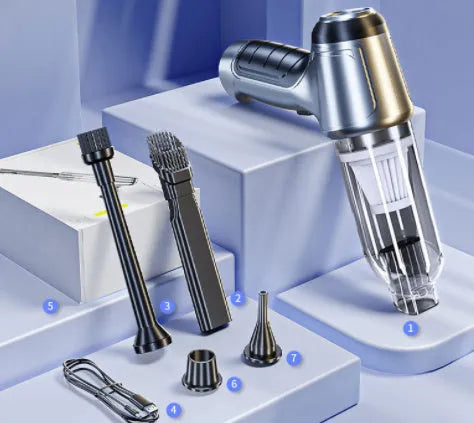 Brushless motor handheld car vacuum cleaner with attachments on grey background