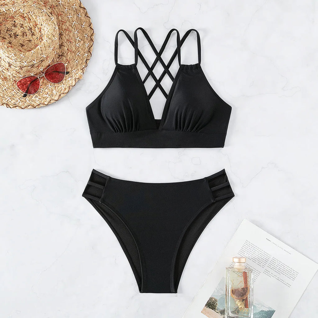 Women's V-neck halter bikini swimsuit set in nylon fabric with split-style bottoms
