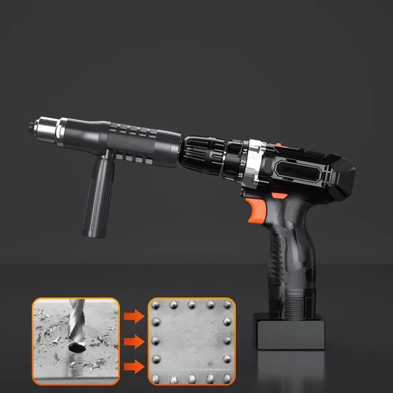 Alloy steel electric drill rivet gun adapter with four rivet heads, a handle, and a wrench.