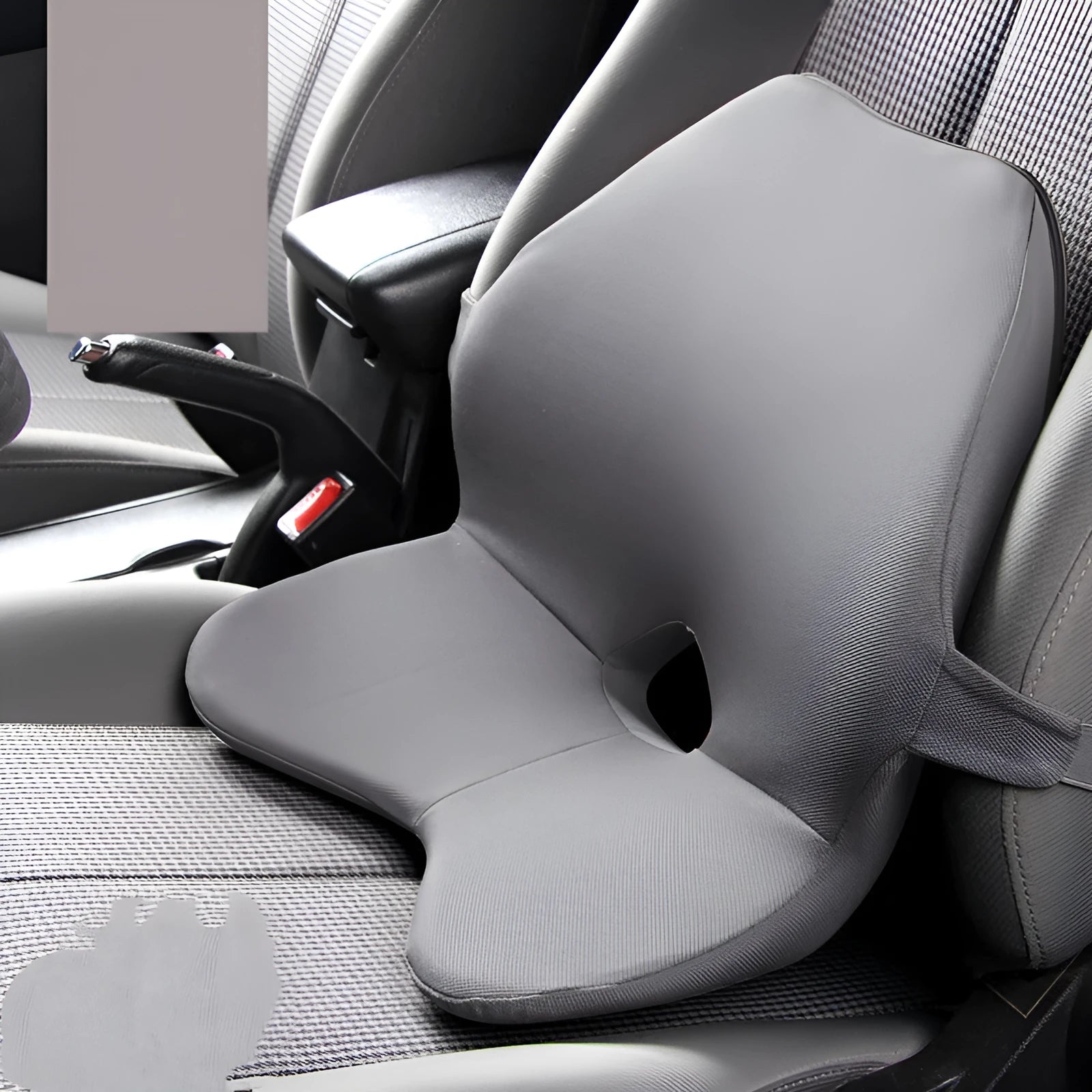 Car lumbar support cushion with memory foam, shown in beige and black, featuring a one-piece design.