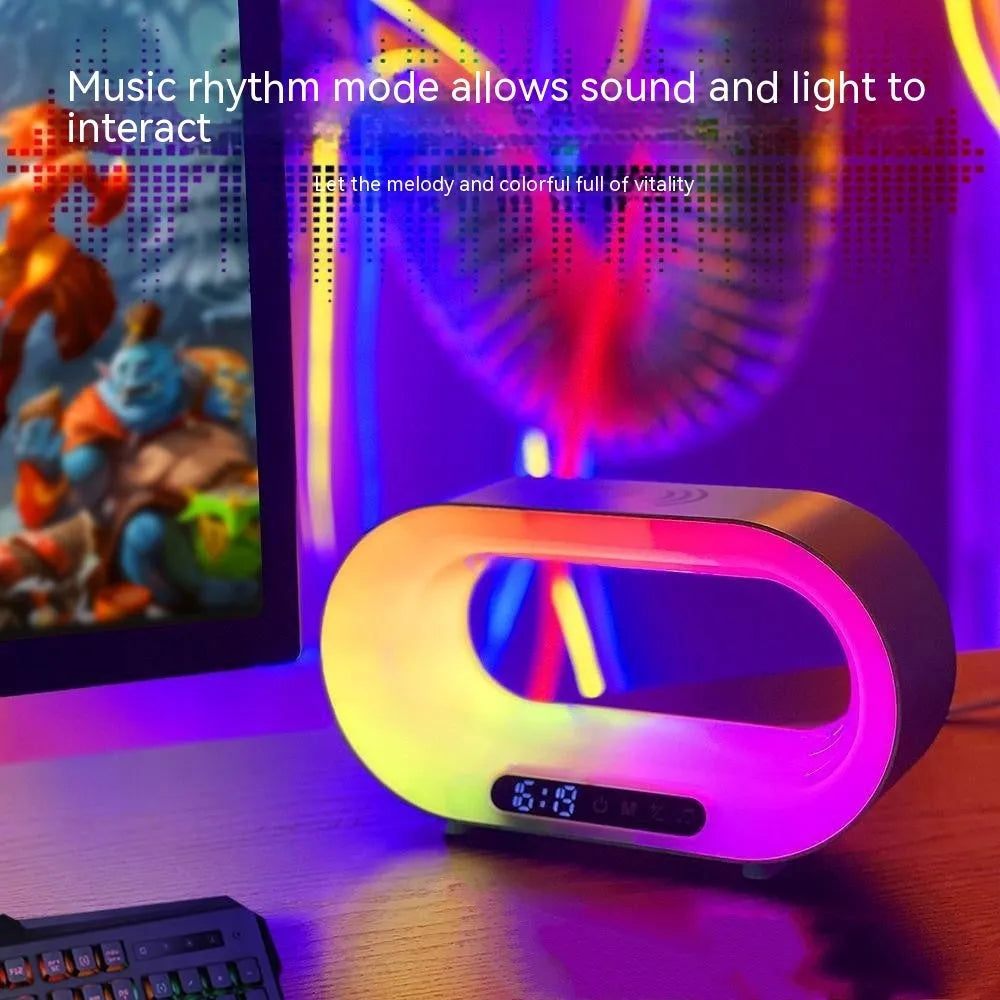 White smart LED desk lamp with wireless charging pad and alarm clock display in 3-in-1 design