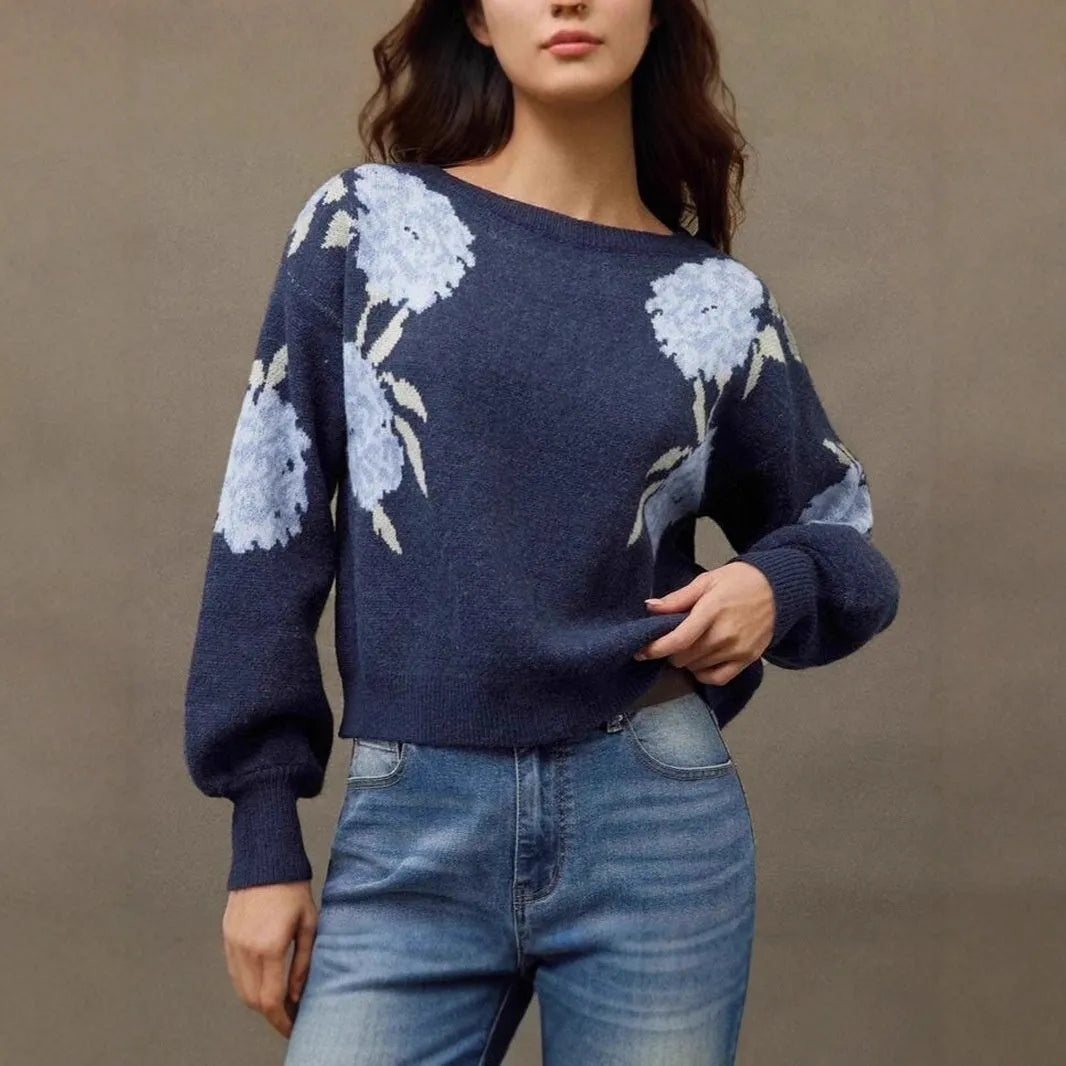 Sapphire blue women's pullover with floral jacquard pattern and off-neck design