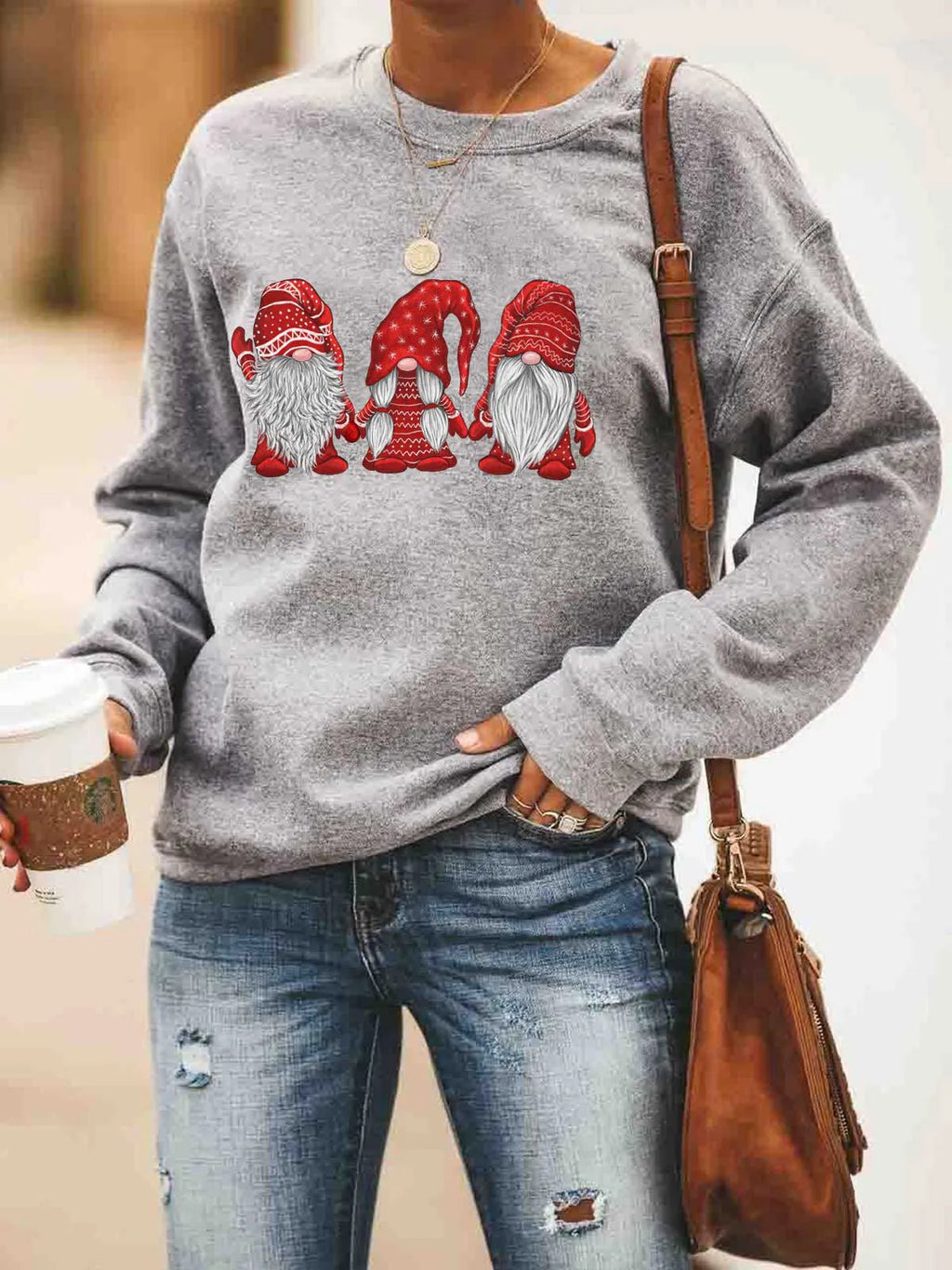 Christmas women's cotton sweater with red Santa Claus print, crew neck, long sleeves, size M