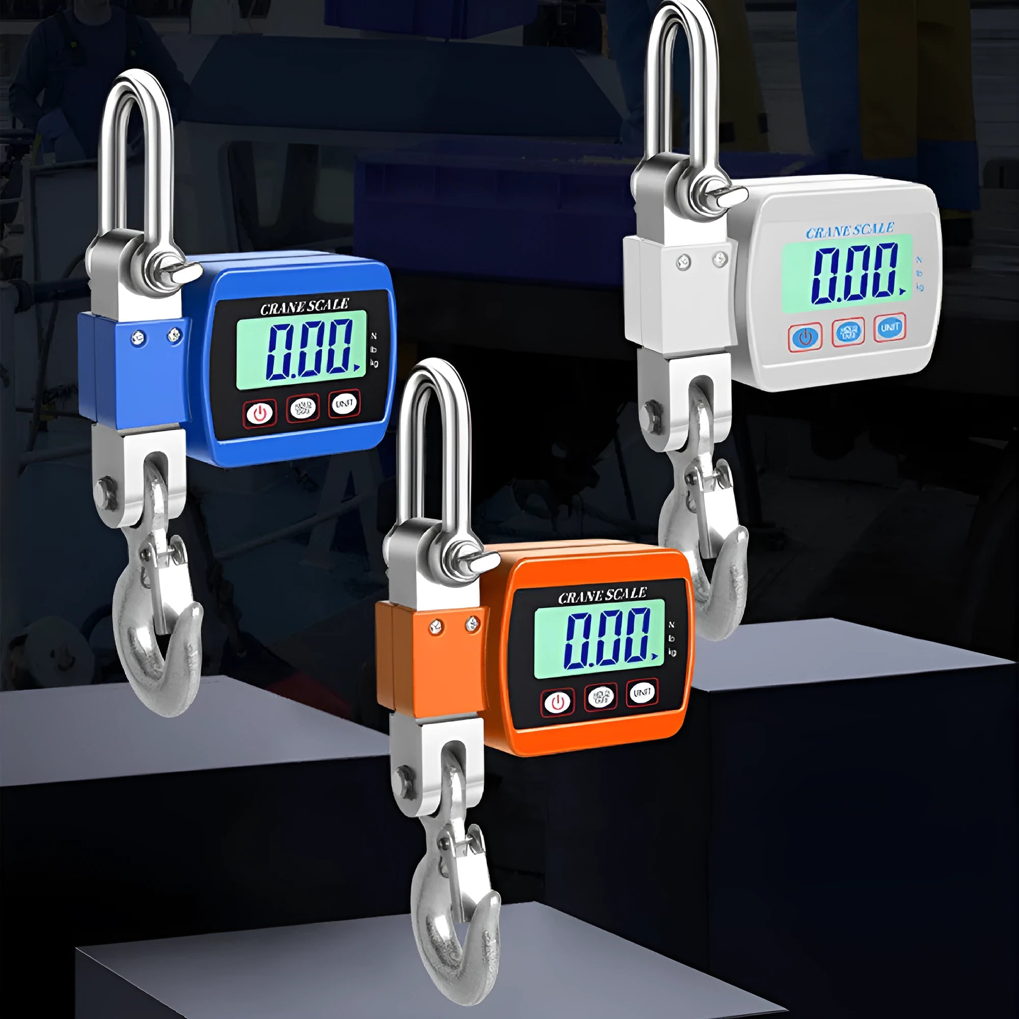 Blue digital hook scale displaying weight on electronic screen with 500kg max capacity