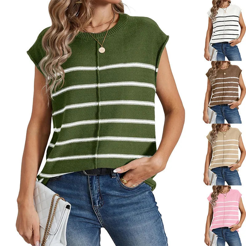 Women's striped sleeveless pullover vest in acrylic fabric on a hanger