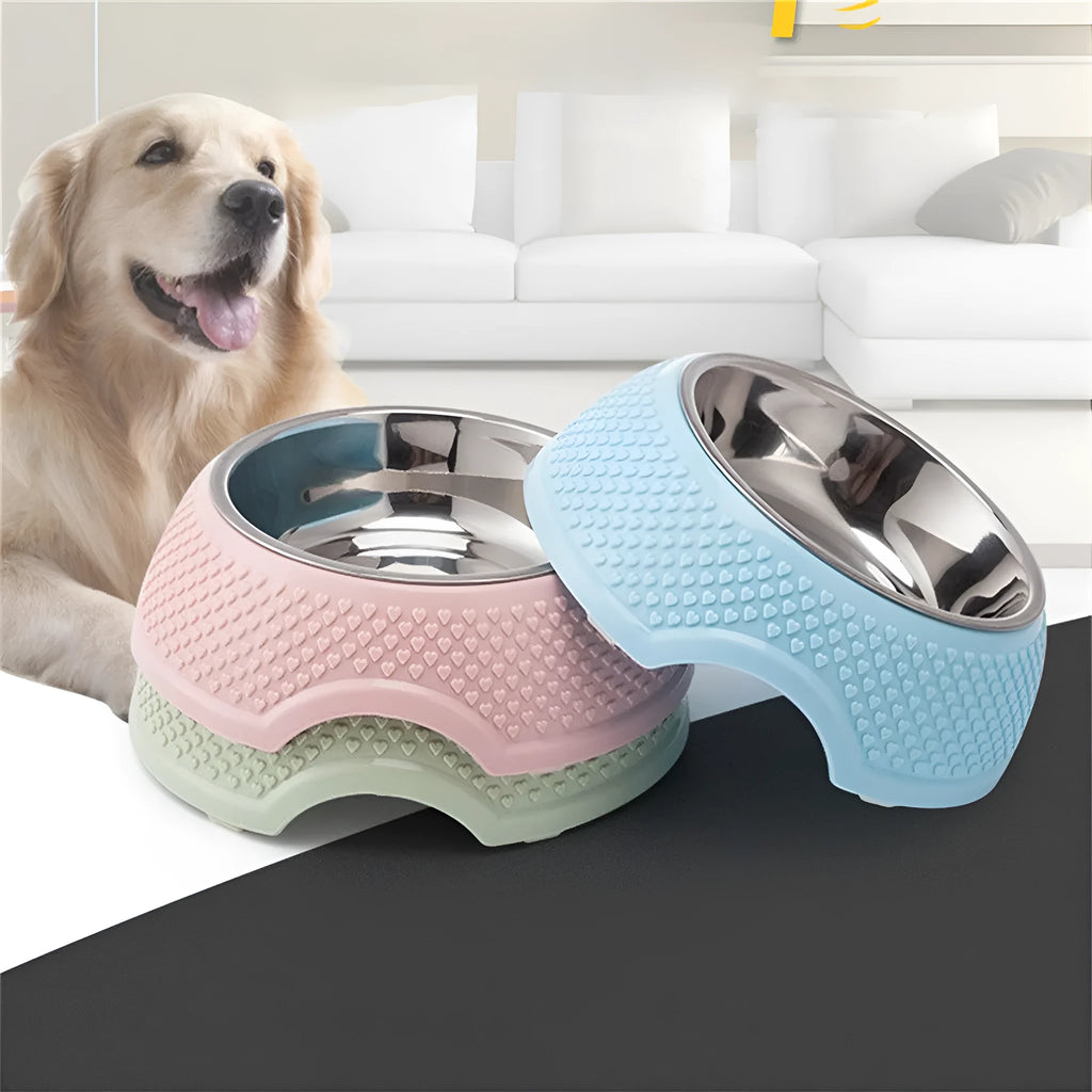 Blue stainless steel pet bowl with non-slip base for cats and small dogs.