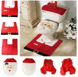 Christmas bathroom set with flannel shower curtain, toilet covers, and plastic-backed floor mat in Santa design