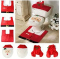 Christmas bathroom set with flannel shower curtain, toilet covers, and plastic-backed floor mat in Santa design