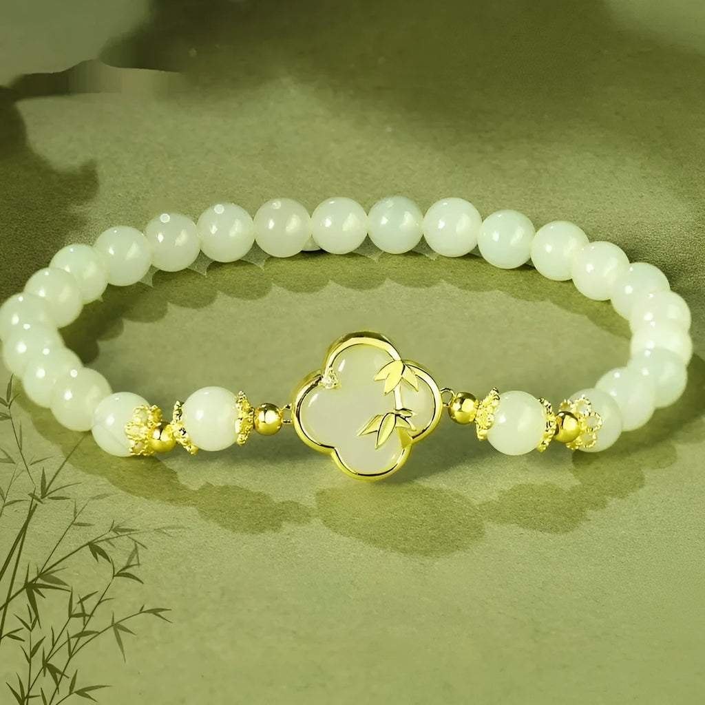 Hetian jade inlaid leaves design bracelet and necklace set in bamboo newspaper tone