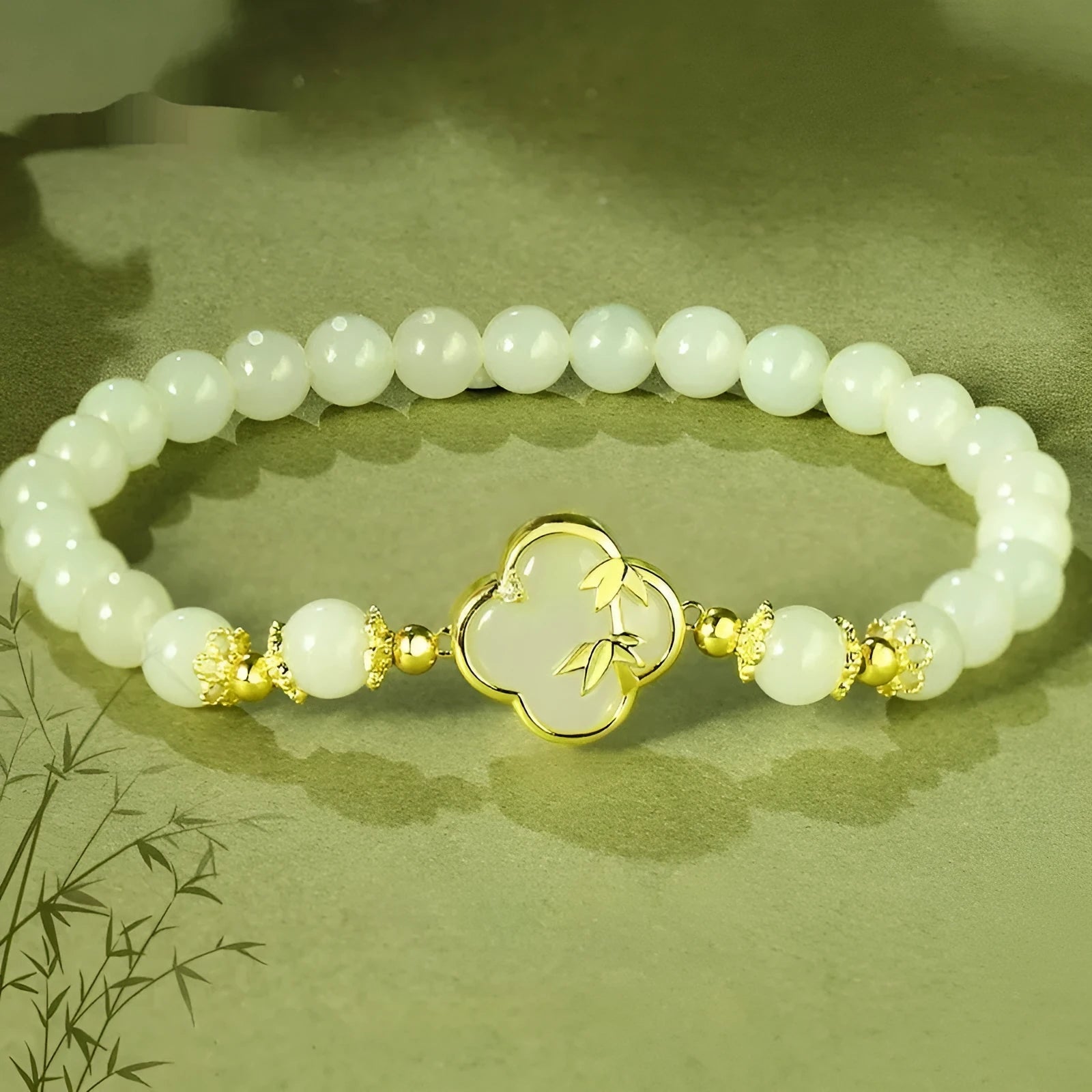 Hetian jade inlaid leaves design bracelet and necklace set in bamboo newspaper tone