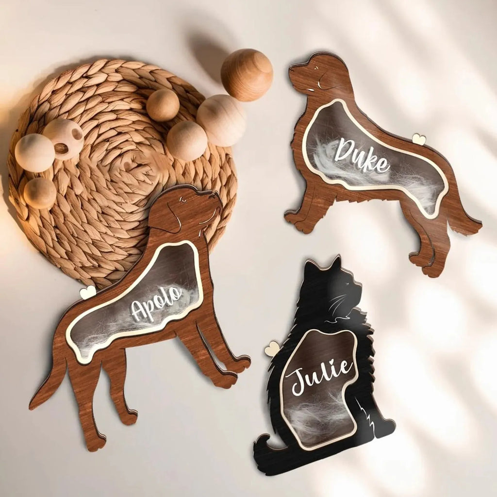 Black wooden pet hair storage box for organising grooming tools and accessories.