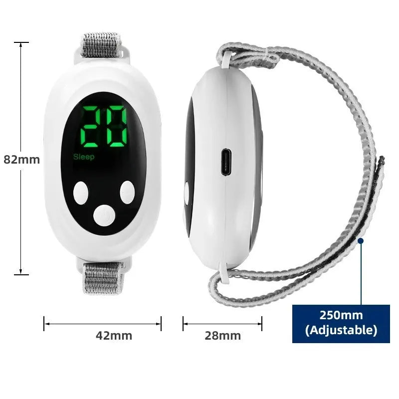 White sleep aid device with handheld remote control showing 20 intensity levels and USB charging cable