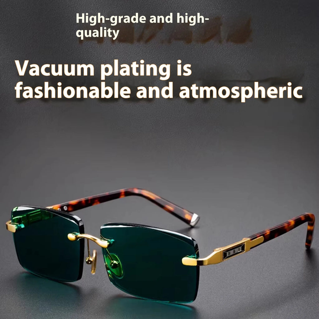 Dark green tinted frameless sunglasses with round lenses, shown with a glasses case and cleaning cloth.
