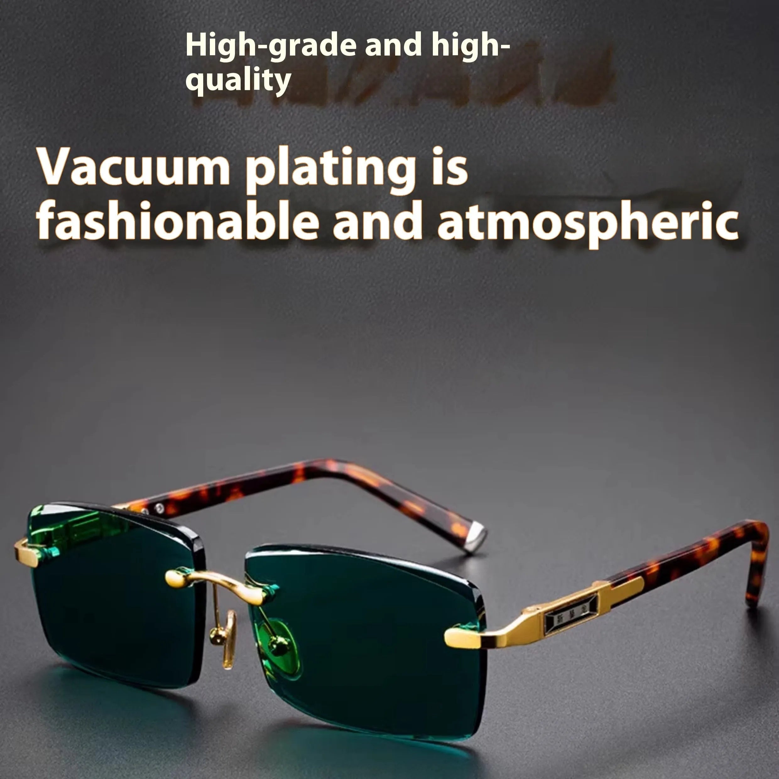 Dark green tinted frameless sunglasses with round lenses, shown with a glasses case and cleaning cloth.