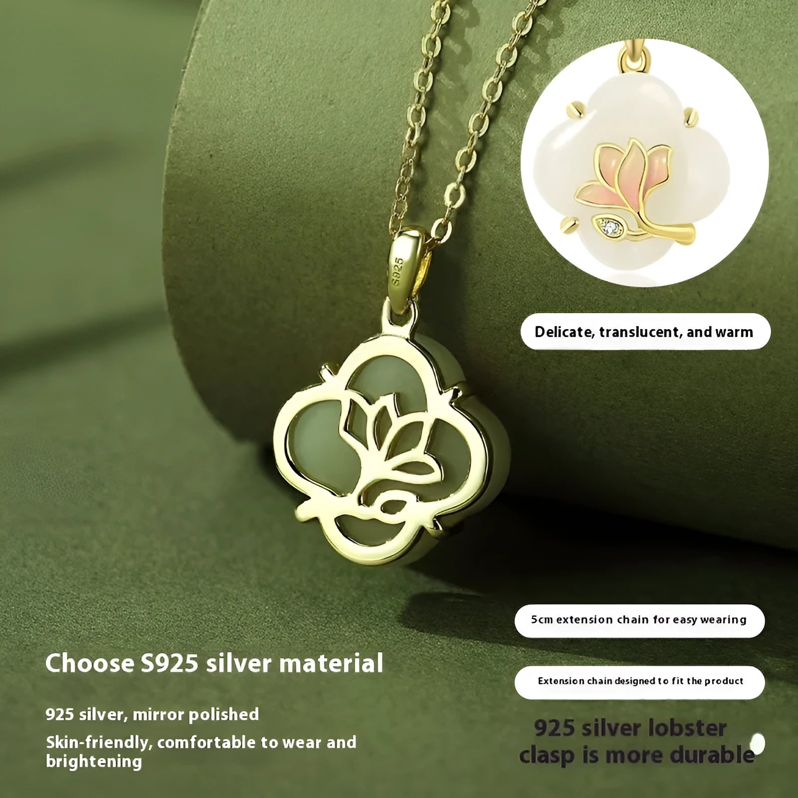 Magnolia flower jewellery set in sterling silver with inlaid green jade, showing necklace, bracelet, and stud earrings.