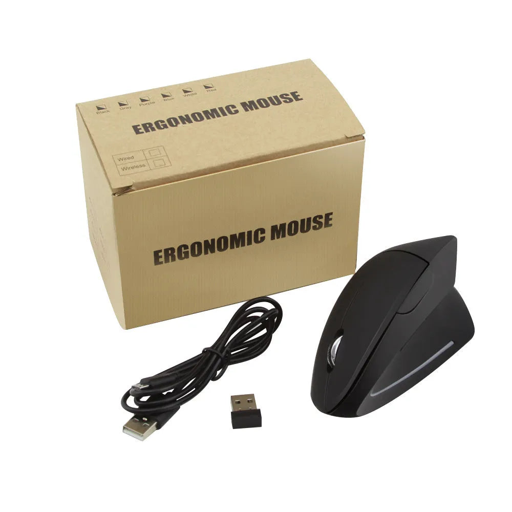 Wired black optical mouse with ergonomic handheld shape, six buttons, four-way scroll wheel, and USB cable on a desk