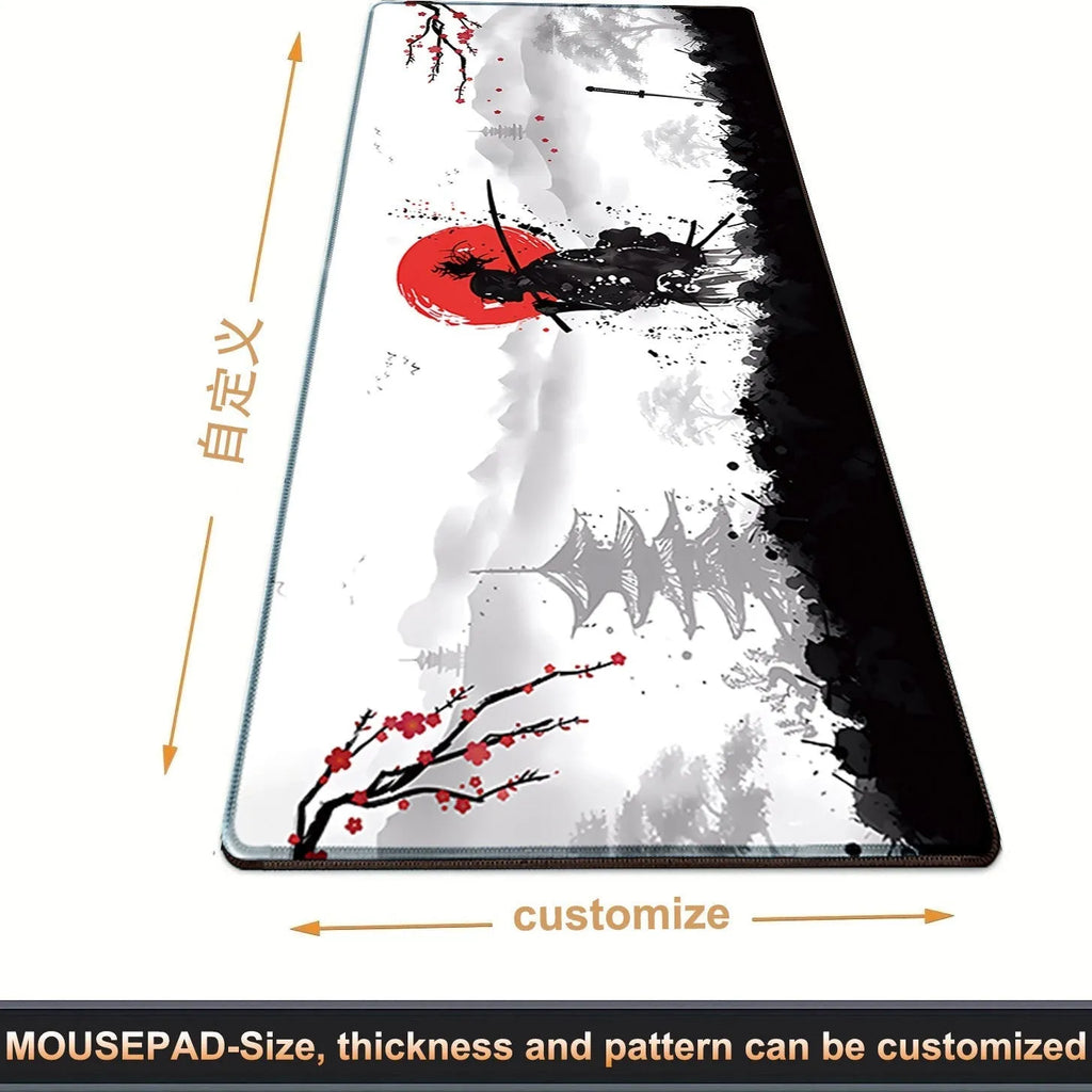 Japanese Samurai design gaming mouse pad on desk with cloth surface and non-slip base