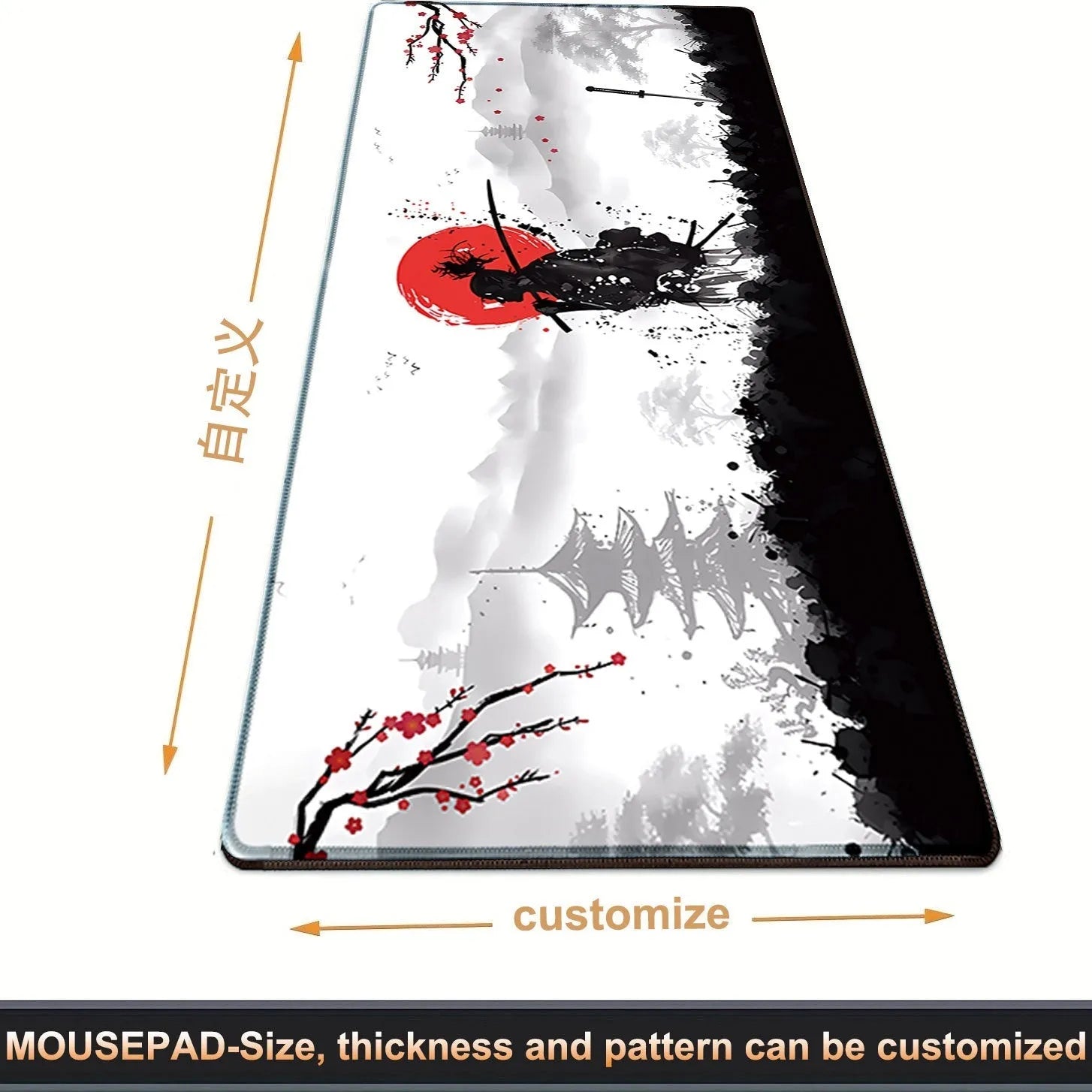 Japanese Samurai design gaming mouse pad on desk with cloth surface and non-slip base