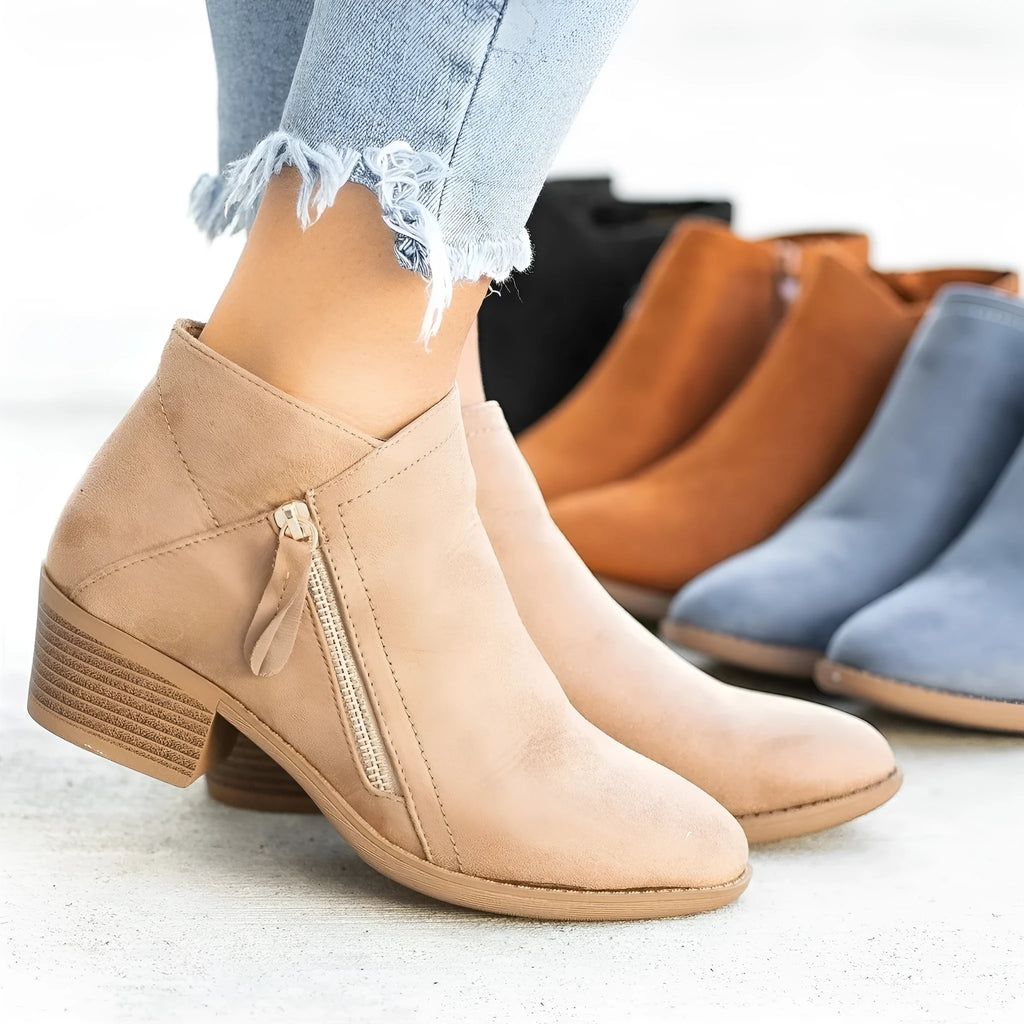 Dr Martens women's suede ankle boots with side zip and chunky heel in beige colour