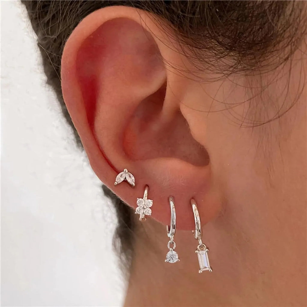 Copper geometric square earrings four-piece set with star designs in gold or silver electroplated finish