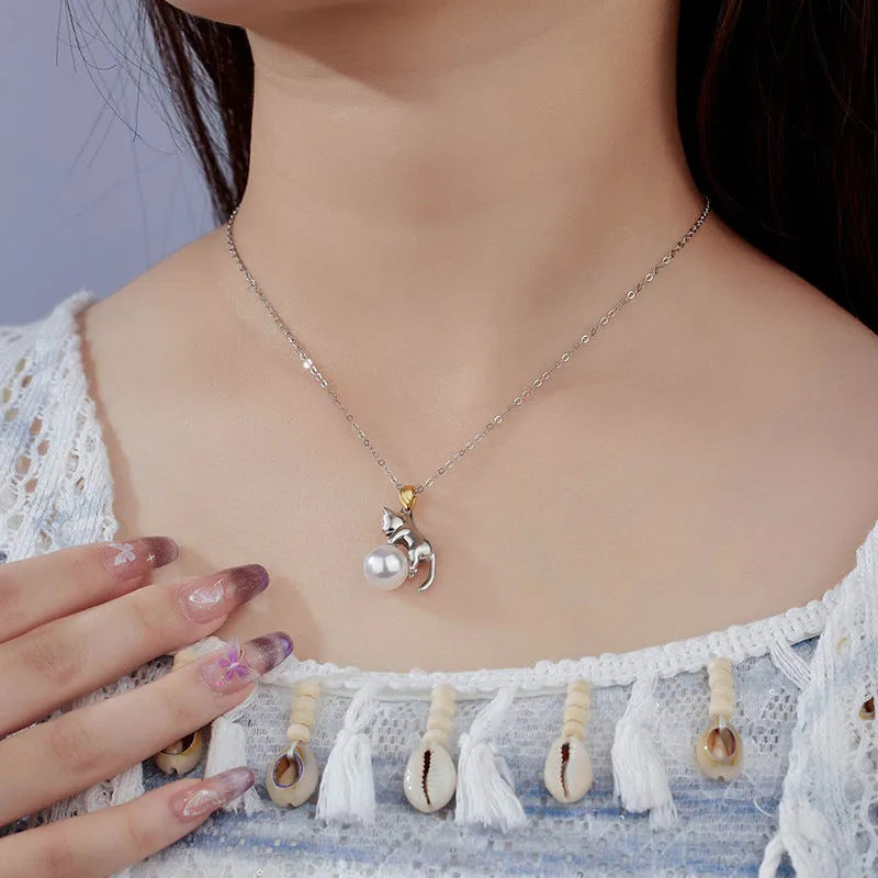 925 sterling silver clavicle chain necklace with cat charm pendant in four colour variations