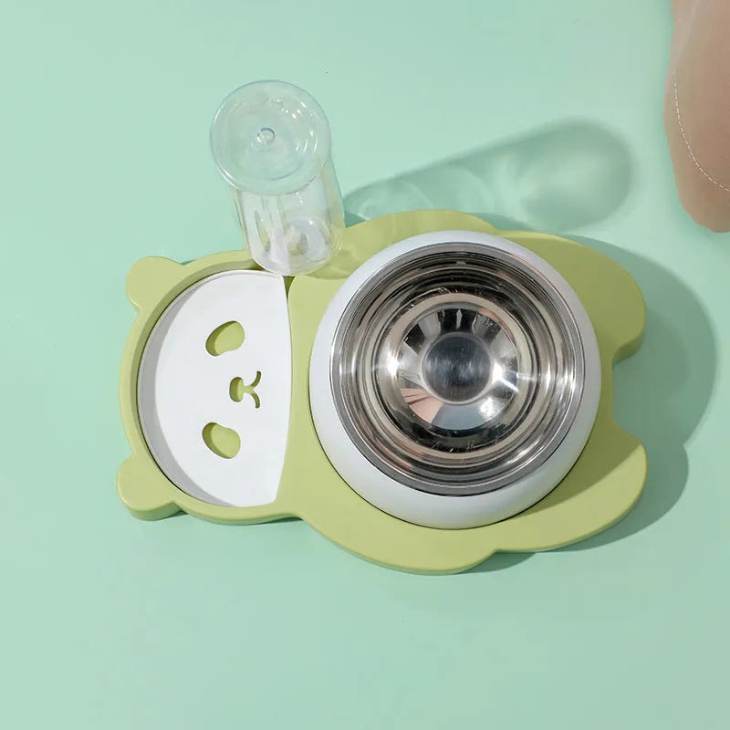 Grey and green panda-shaped elevated pet bowl set with tilted stainless steel bowls and a large automatic water bottle.