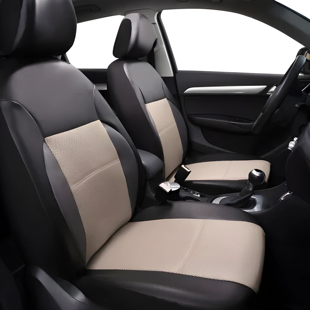 Artificial leather car seat covers with stitching in a 9-piece set for a 5-seater vehicle.