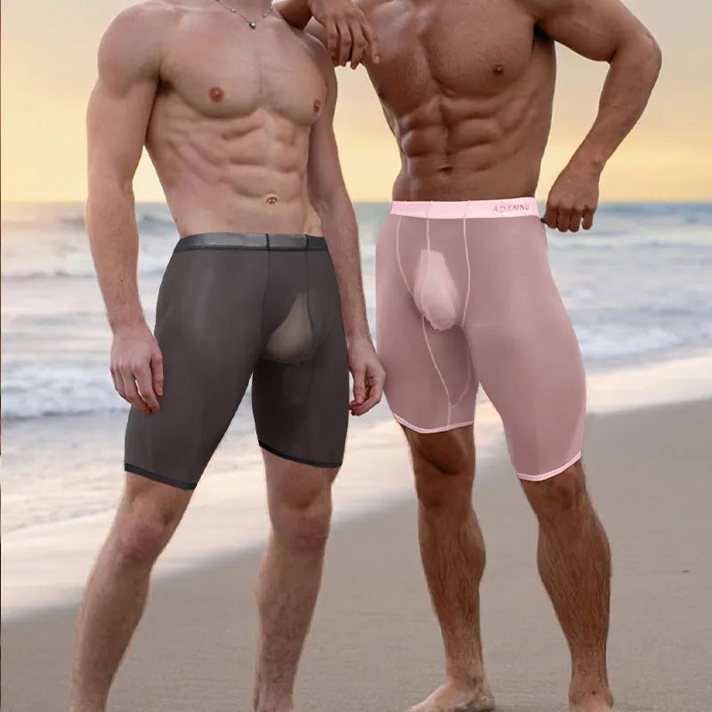 Men's seamless mesh home shorts in knitted nylon fabric available in black, white, and pink colours