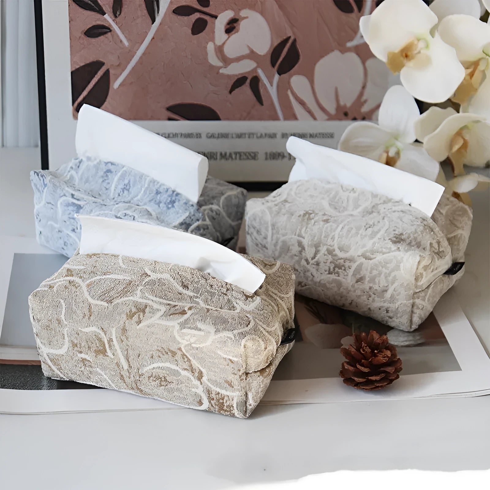 Chinese style decorative tissue box made from floral print cotton fabric, dimensions 17x11x7cm.