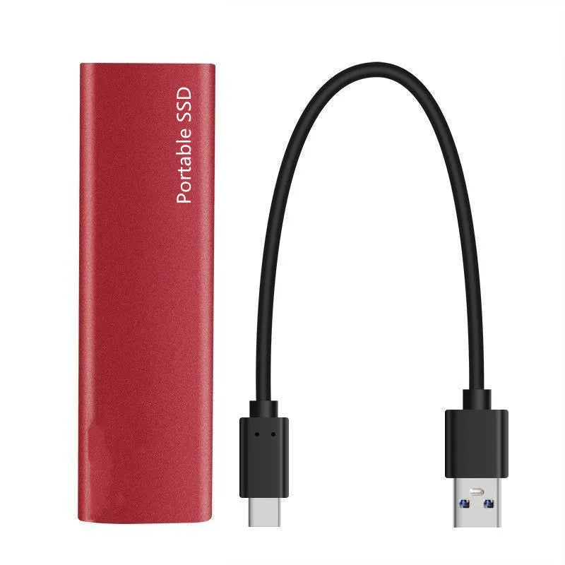 Ultra-thin metal mobile SSD expansion hard drive in red, shown with capacity options up to 30TB.
