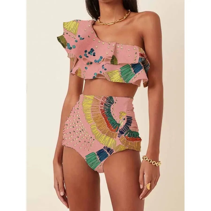 Women's printed oblique shoulder ruffle bikini suit with high waist briefs in polyester fabric