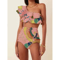 Women's printed oblique shoulder ruffle bikini suit with high waist briefs in polyester fabric