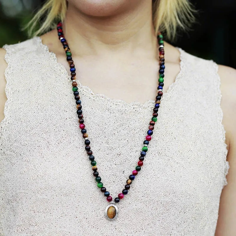 Tiger eye necklace and bracelet set with crown, infinity, and heart pendants on ball bead chain