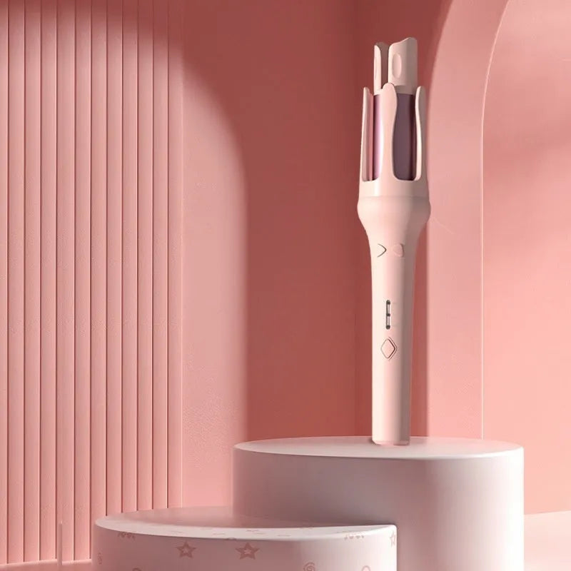 Automatic hair curler in white with purple accents, showing 32mm barrel and UK plug.
