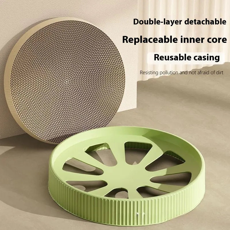 Round green cat scratching board with corrugated cardboard surface measuring 55 cm across