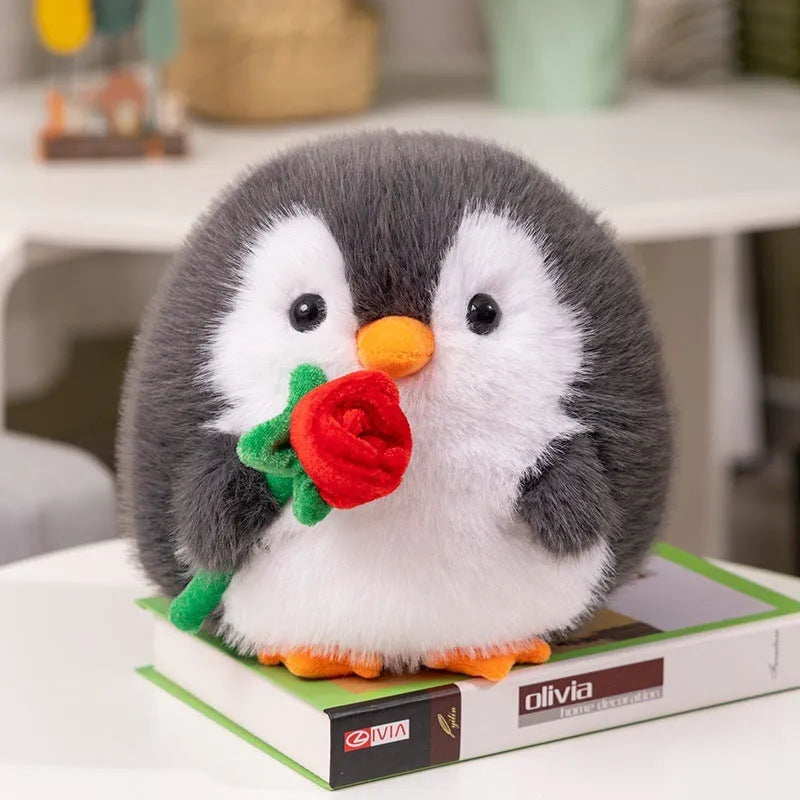 Cute rose penguin doll plush toy 20cm in black with rose decoration